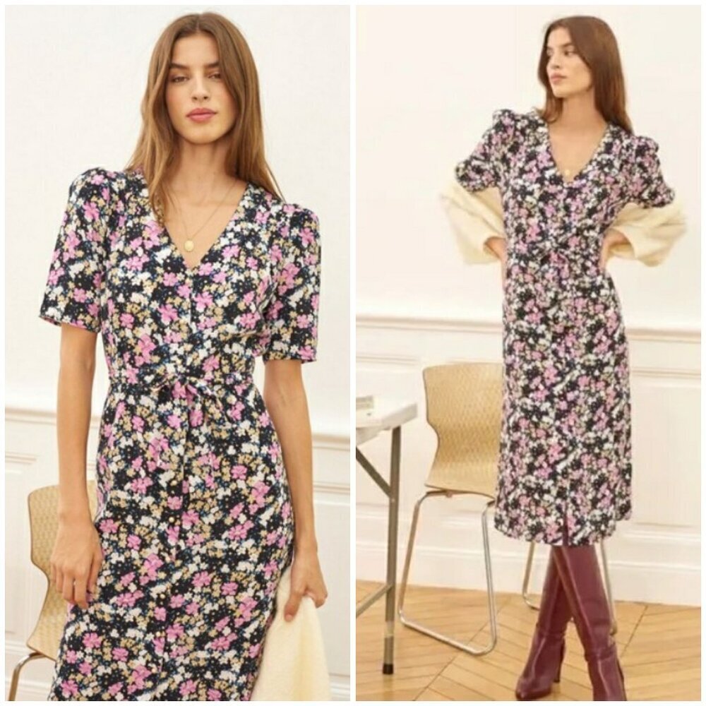 💕ROUJE💕 Mathilde Dress ~ Prairie Noir Floral Print 36 EU NWOT